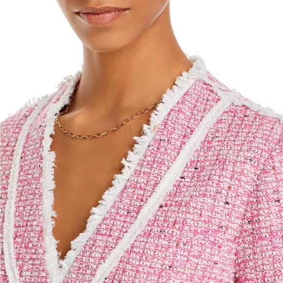 AQUA Women Tweed Blazer Jacket Pink Small Button Fringe Trim Metallic Business - Picture 4 of 16